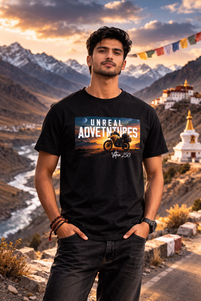 Man wearing black motorcycle adventure T-shirt Vstrom 250