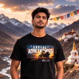 Man wearing black motorcycle adventure T-shirt Vstrom 250