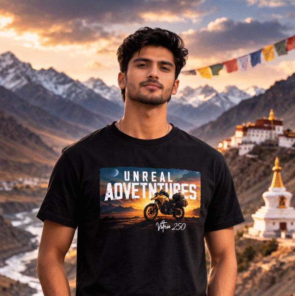 Man wearing black motorcycle adventure T-shirt Vstrom 250